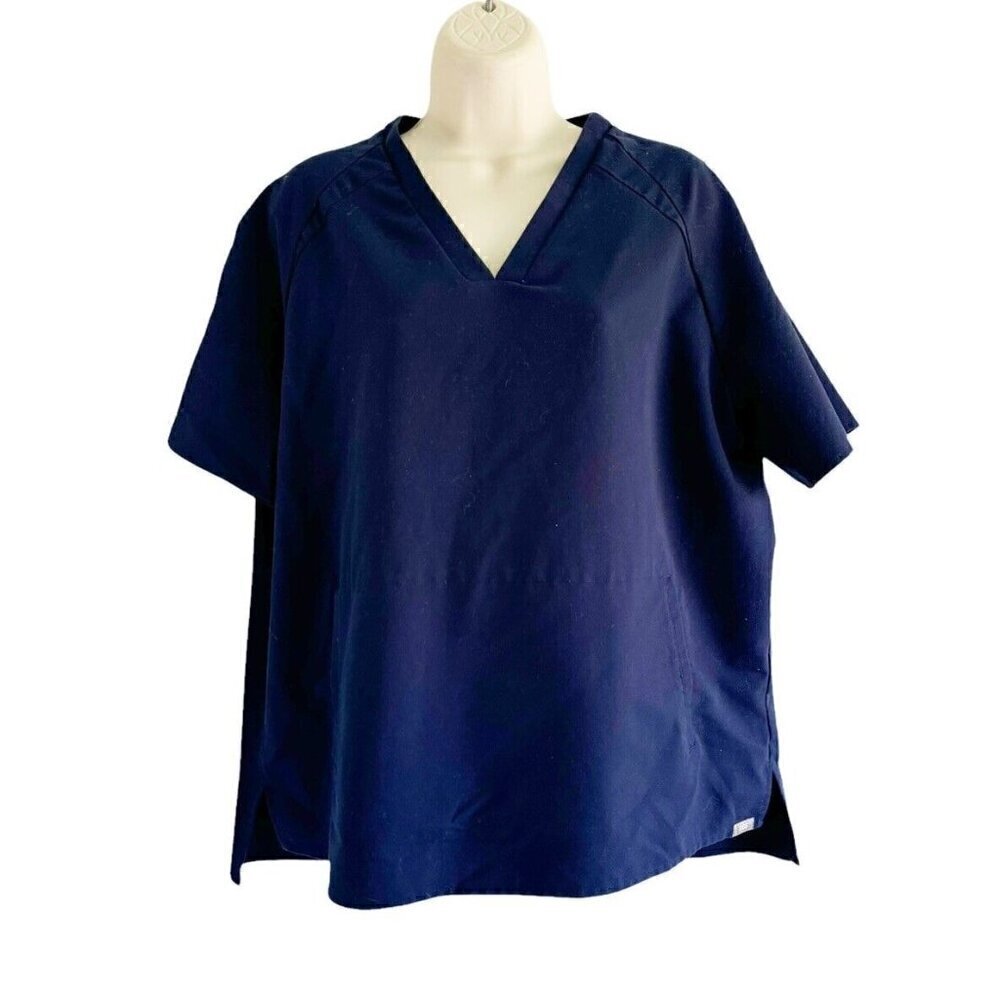 Figs Woman's Sz Large Navy Blue Short Sleeve V Neck Kangaroo Pocket Scrub Top